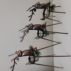 Christmas 3 Mottled Brass Metal Reindeers W/ Glass Candle Votive Holders